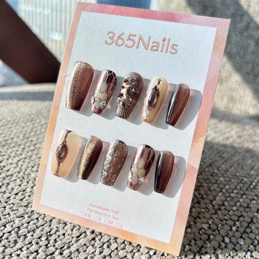 Luxury Logo The Gilded Serpent: "Bronze Wasteland" – Metallic Rose Gold & Brown Steampunk Handmade Press-On Nails with Vintage Gem