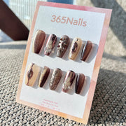 Luxury Logo The Gilded Serpent: "Bronze Wasteland" – Metallic Rose Gold & Brown Steampunk Handmade Press-On Nails with Vintage Gem