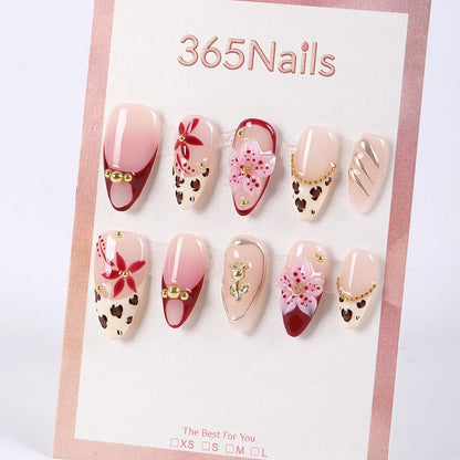 365Nails Nude Almond Mix with Leopard, 3D Floral & Gold Chain French Tips