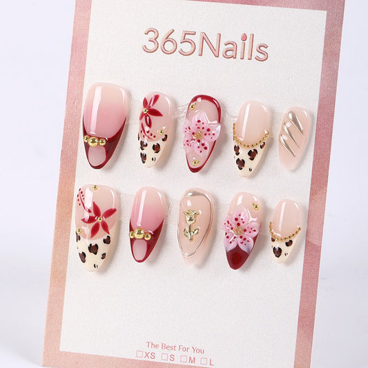 365Nails Nude Almond Mix with Leopard, 3D Floral & Gold Chain French Tips