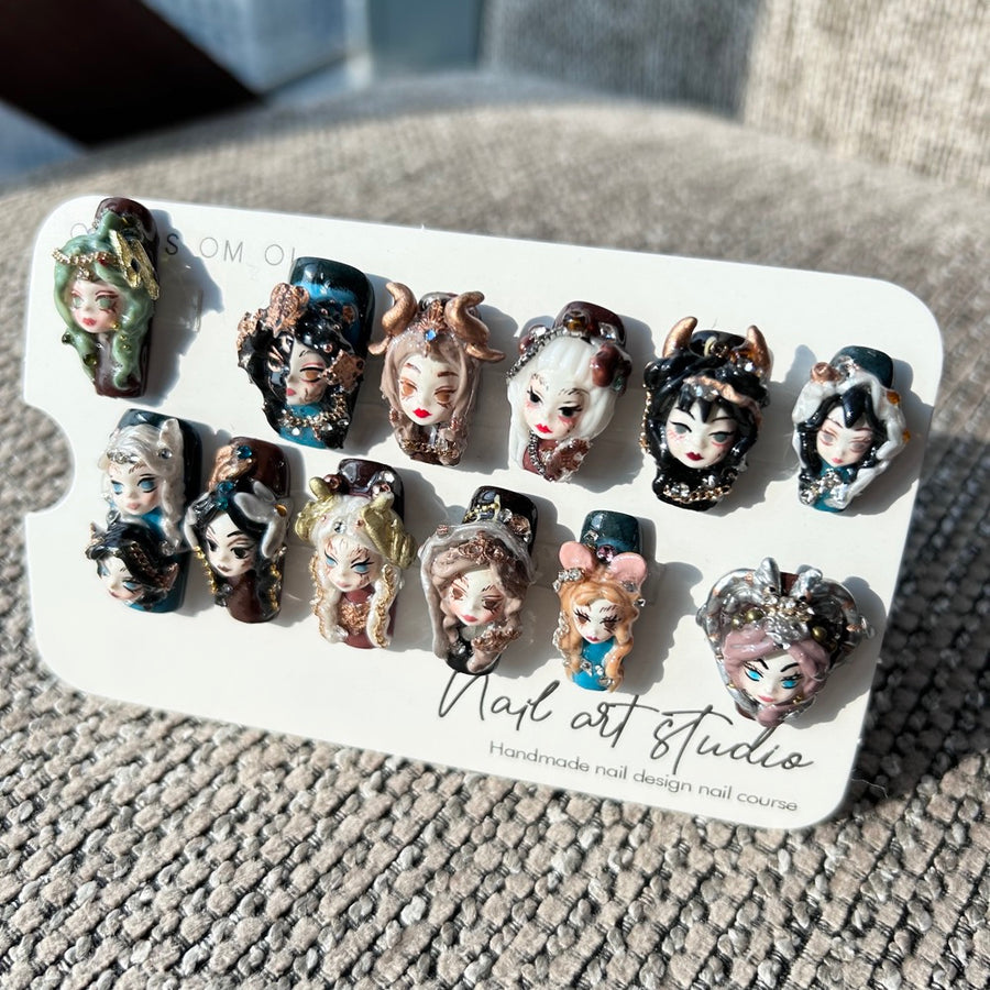 Artist Series: "Pantheon of Goddesses" – 3D Hand-Sculpted Fantasy Character Portrait Nails (Demon, Elf & Medusa)