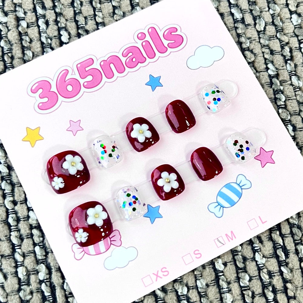 365nails: "Ruby Blossom" – 3D Floral Handmade Short Square Nails