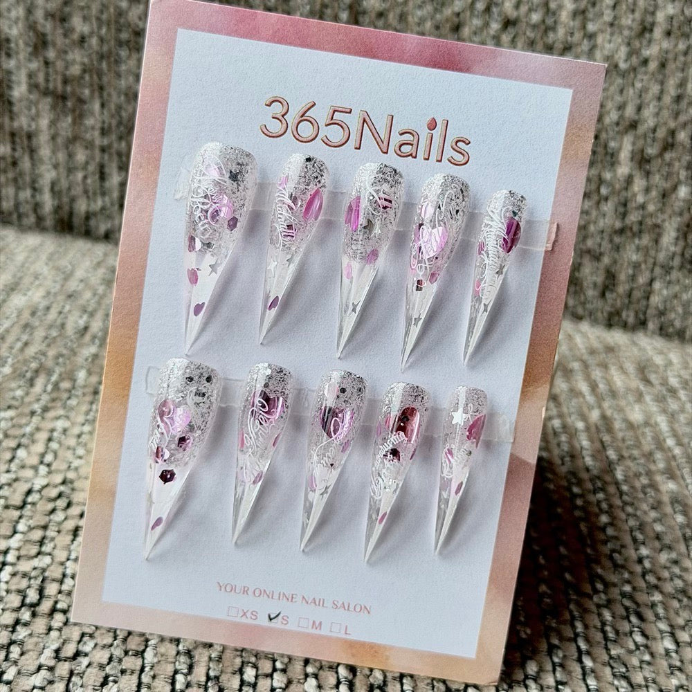 365nails: "Pink Silver Glitter Heart Filigree" – Foil Flake & Metal Heart Handmade Long Stiletto Nails