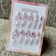 365nails: "Pink Silver Glitter Heart Filigree" – Foil Flake & Metal Heart Handmade Long Stiletto Nails