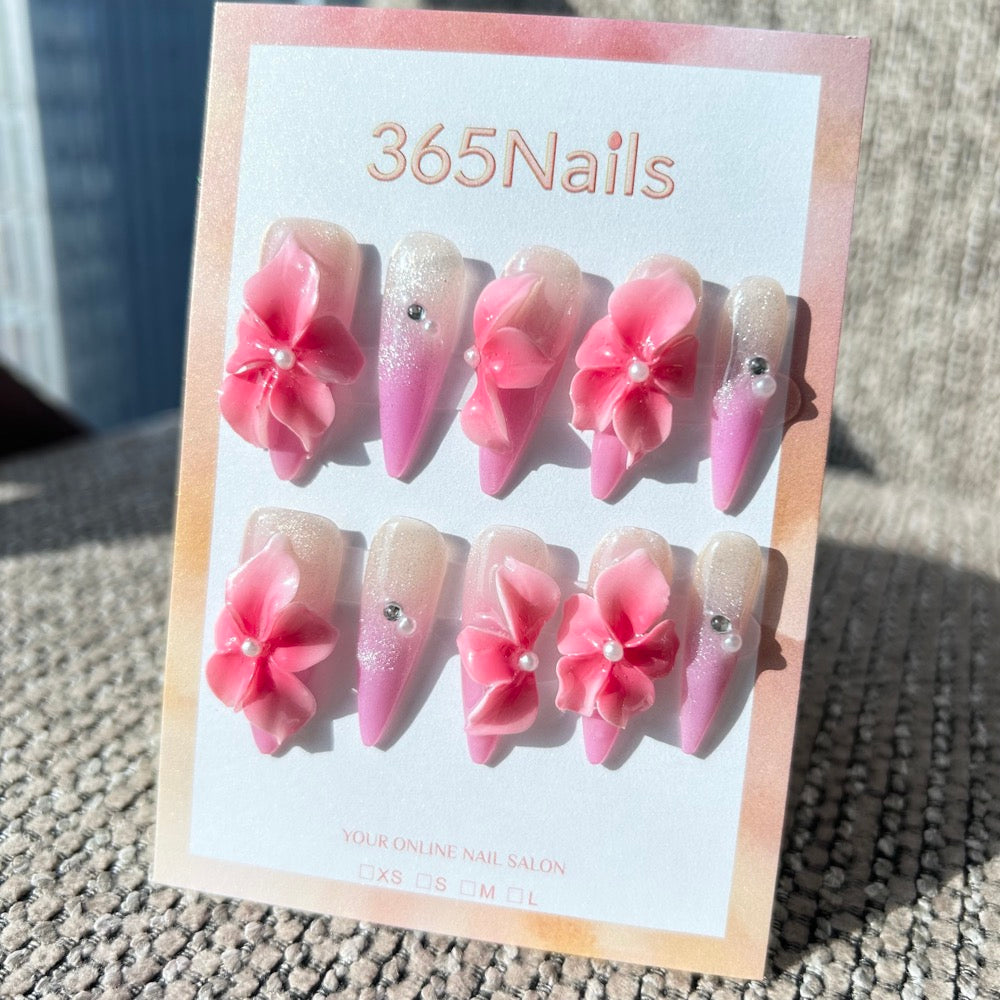 Sculpted Flora: "Shimmering Petal Blush" – 3D Pink Flowers on Pearlescent Ombre Stiletto Nails