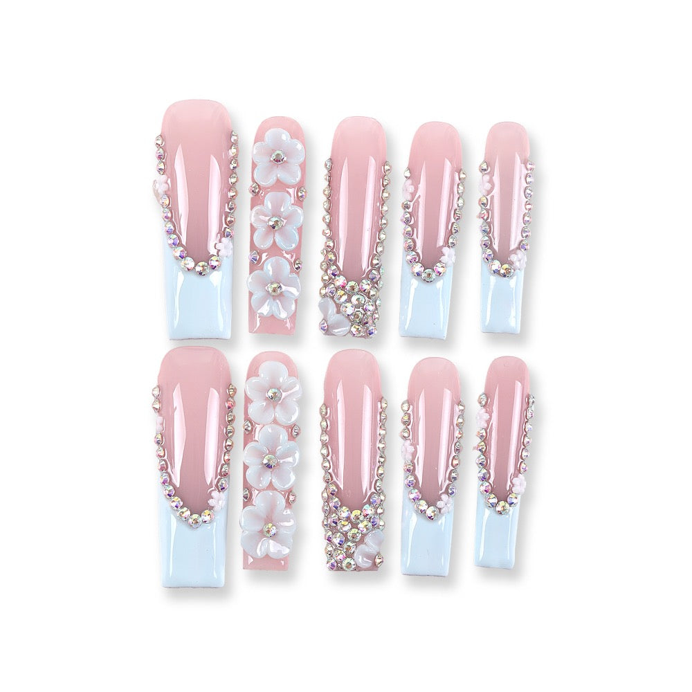 365nails icy‑blue French with crystal florals long square press-ons