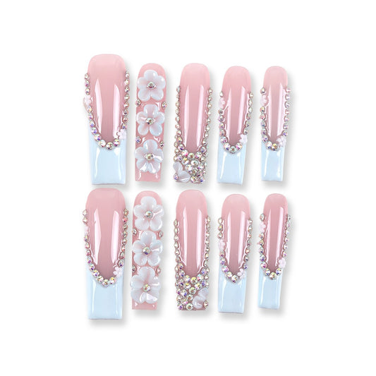 365nails icy‑blue French with crystal florals long square press-ons
