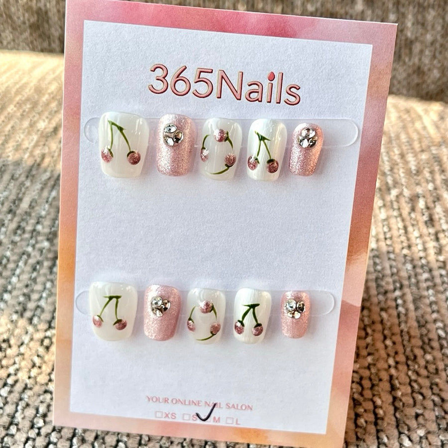 365nails: "White Pink Cherry Rhinestone" – Handmade Short Square Press-On Nails