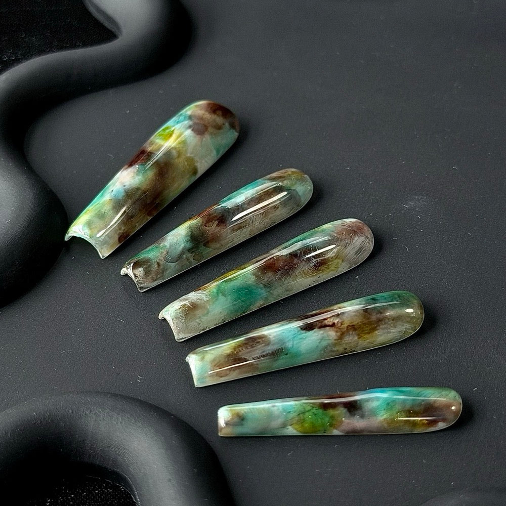 Short Coffin Green Brown Swirl Jelly Press-On Nails