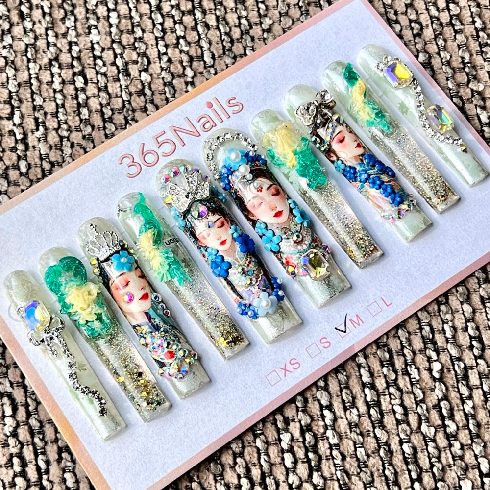 365nails: "Traditional Opera Maiden" – Handmade Liquid Motion Press-On Long Pipe Nails-5.5cm