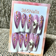 365nails: "Amethyst Fantasy" – 3D Butterfly & French Tip Handmade Press on Nails Long Stiletto Nails