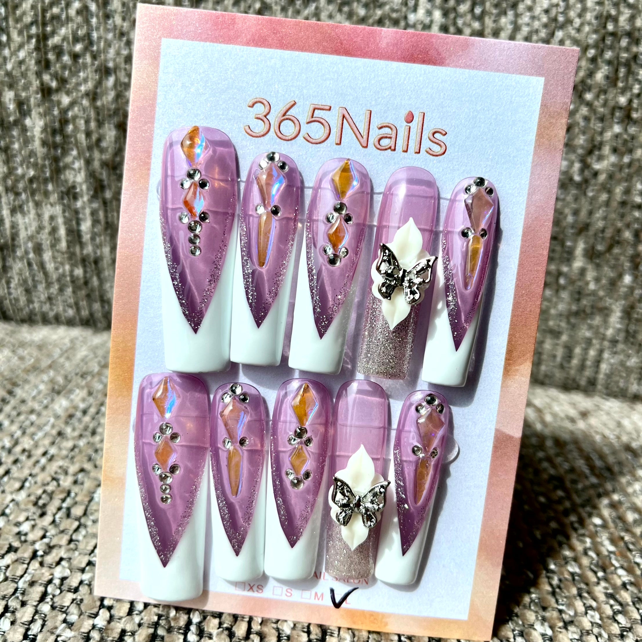 365nails: "Amethyst Fantasy" – 3D Butterfly & French Tip Handmade Press on Nails Long Stiletto Nails
