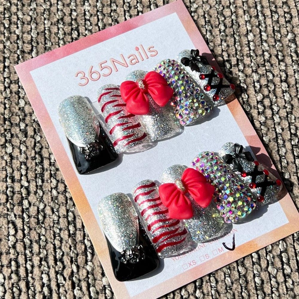 365nails: "글리터와 리본" – 3D 레드 리본 & 라인스톤 수제 프레스온 네일 숏 스퀘어형