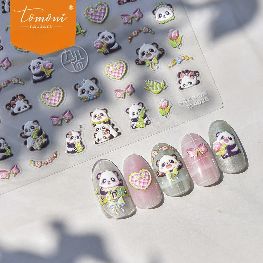 Cute Panda & Floral Nail Stickers – 5D Embossed Kawaii Panda Set