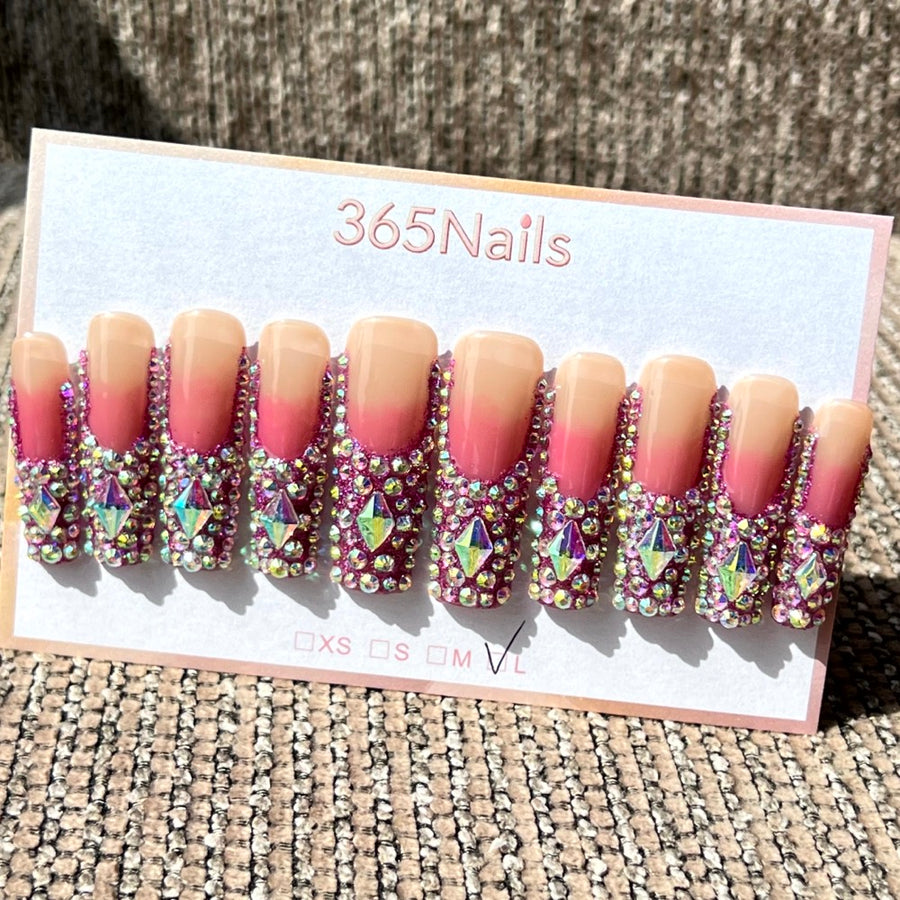 365nails: 크리스탈 캐스케이드 – 3D 라인스톤 수제 롱 코핀형 프레스온 네일