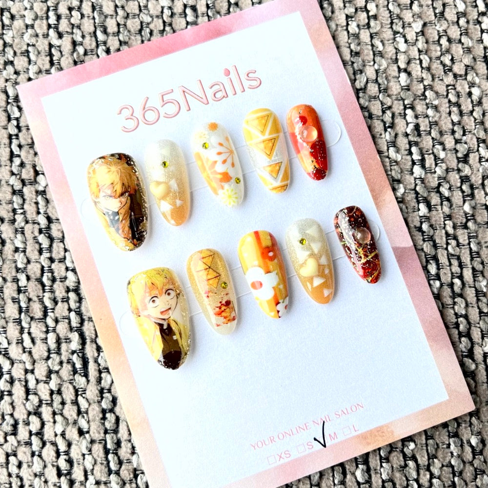 365nails: "Demon Slayer Zenitsu Agatsuma" – Handmade Short Almond Press-On Nails