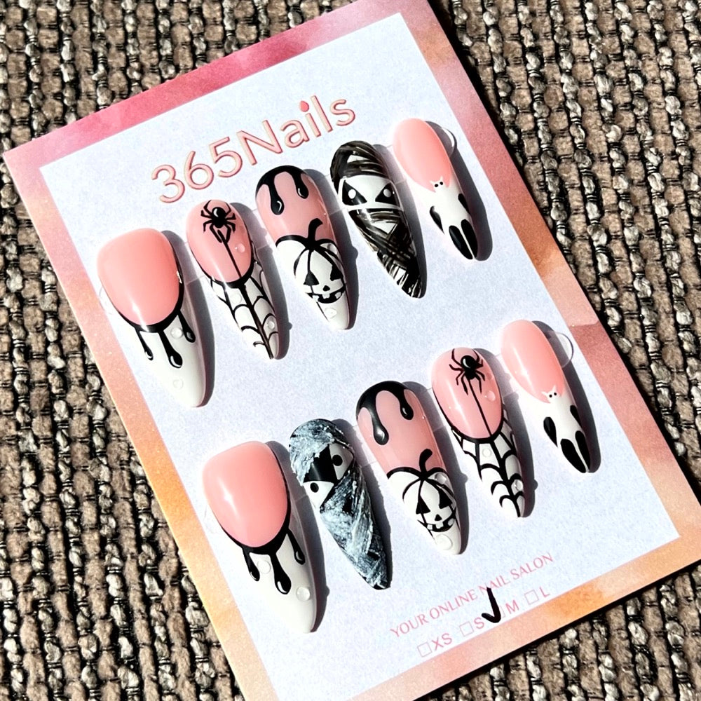 365nails: "Ghostly Glamour" – 3D Spider & Skull Handmade Almond Nails