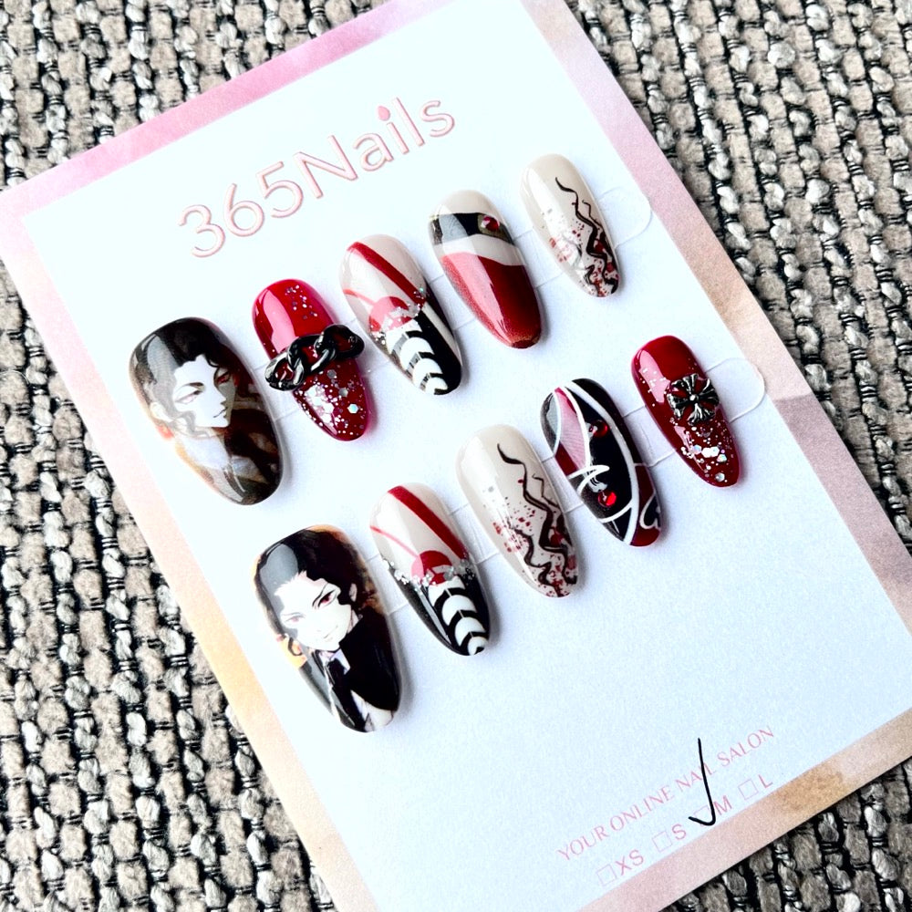 365nails: "Anime Character Red Black" – Handmade Short Almond Press-On Nails