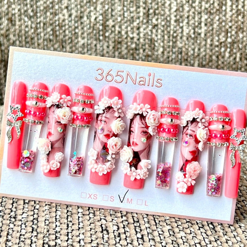 365nails: "Coral Floral Princess" – Handmade Liquid Motion Press-On Long Pipe Nails-5.5cm