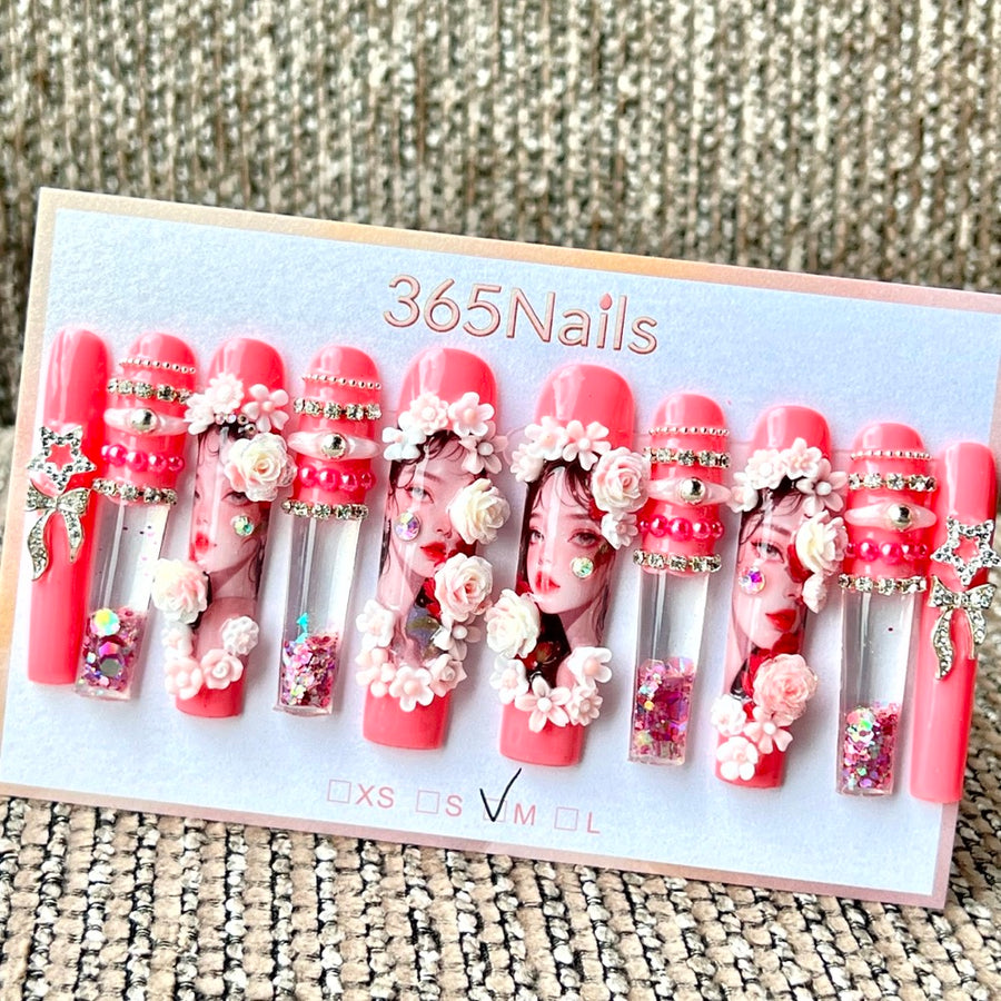365nails: "Coral Floral Princess" – Handmade Liquid Motion Press-On Long Pipe Nails-5.5cm