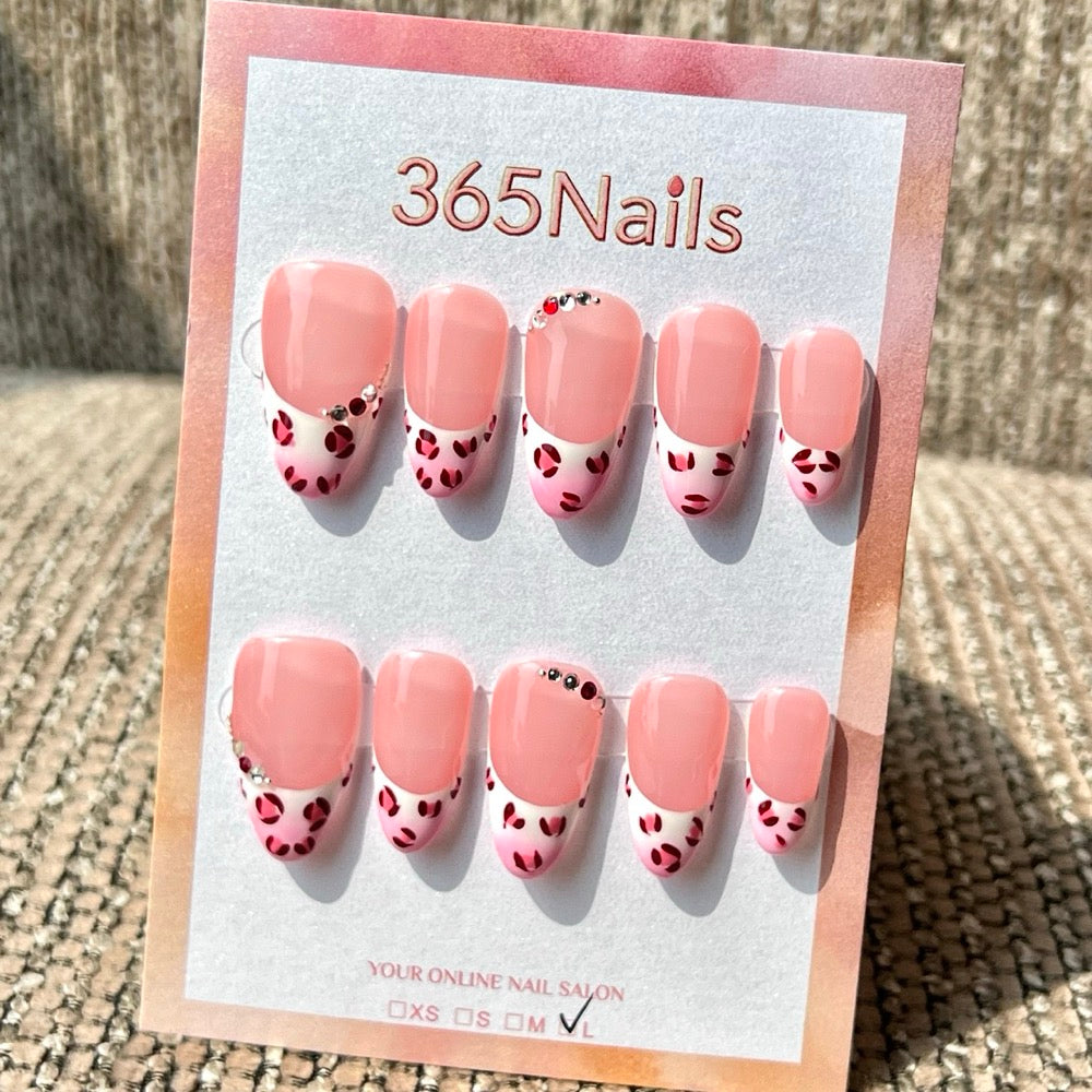 365nails: 핑크 호피 프렌치 – 수제 미디엄 스틸레토형 프레스온 네일