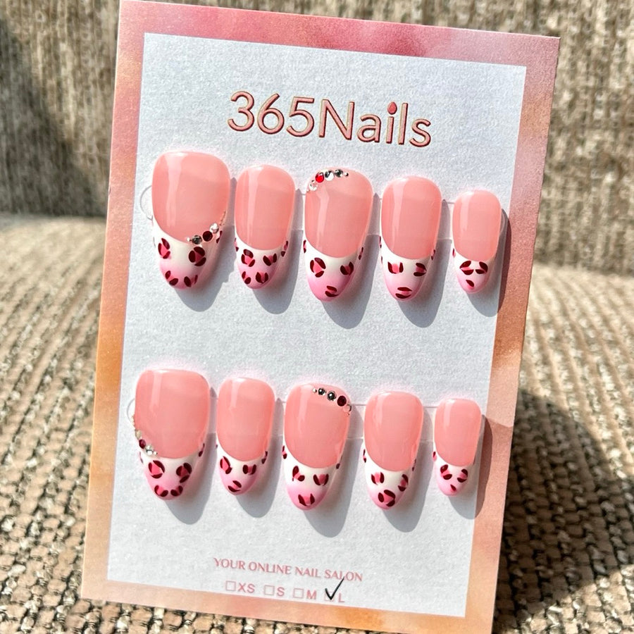 365nails: 핑크 호피 프렌치 – 수제 미디엄 스틸레토형 프레스온 네일