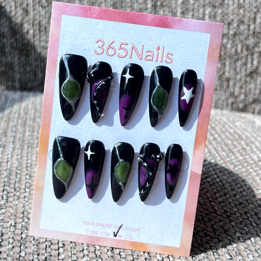 365nails: "Witchy Vibes" – Abstract Swirl & Star Handmade Stiletto Nails