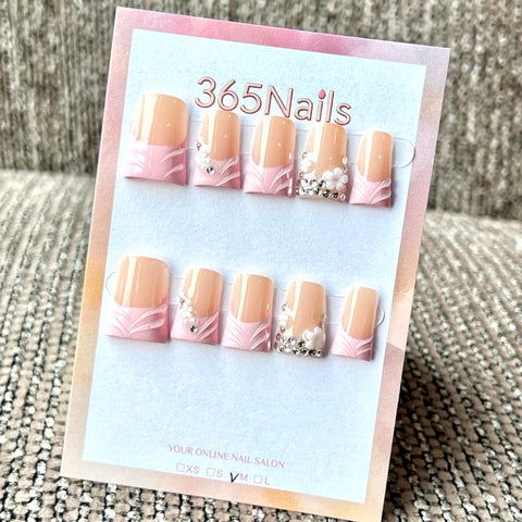 "Beige Pink French Floral Crystal" - Kuku Buatan Tangan Fleksibel Ultra-Lembut Borong (MOQ=100)