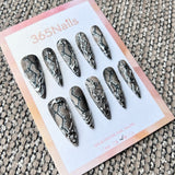 Femme Fatale: "Medusa's Gaze" – Realistic Grey Python Snake Skin Print with 3D Liquid Silver Chrome Vines Long Stiletto Nails