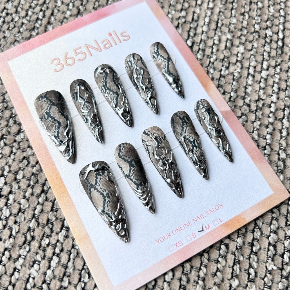Femme Fatale: "Medusa's Gaze" – Realistic Grey Python Snake Skin Print with 3D Liquid Silver Chrome Vines Long Stiletto Nails