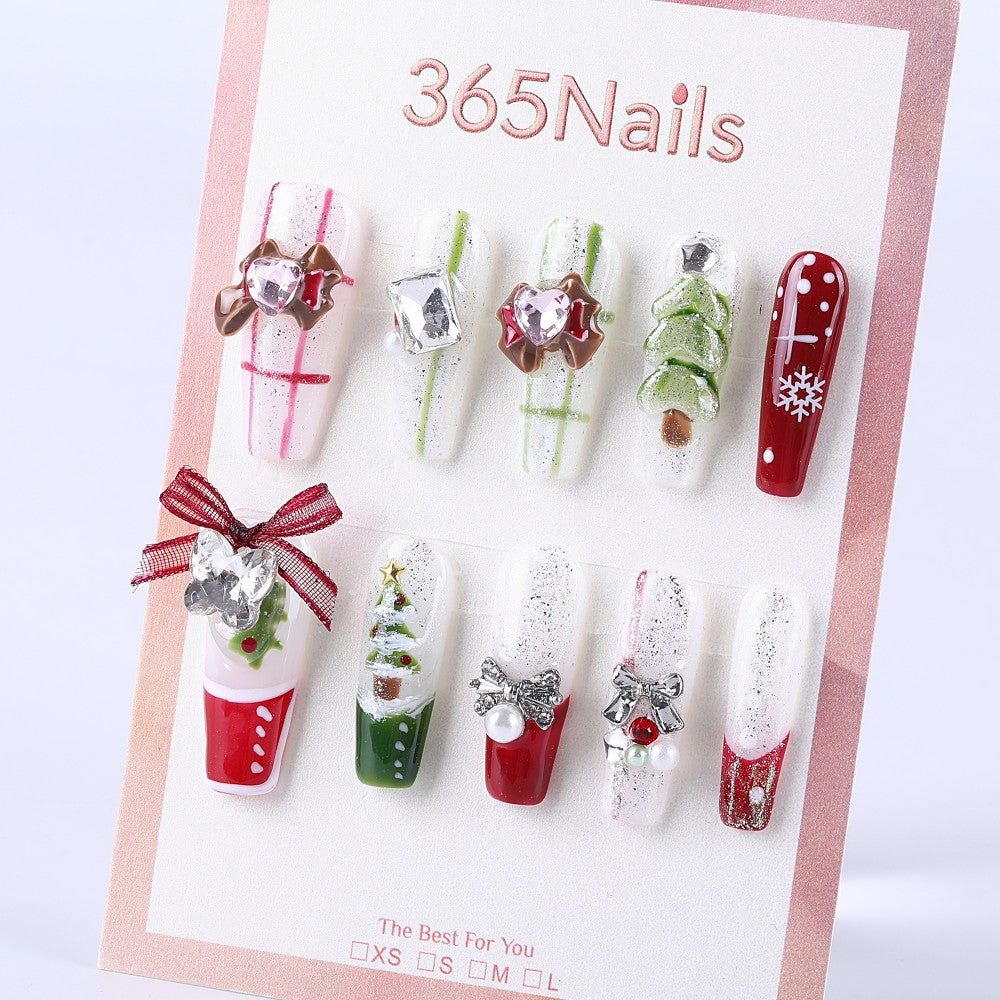 Christmas Silver Snow Gift Box Bow Medium Coffin Shape press on nail