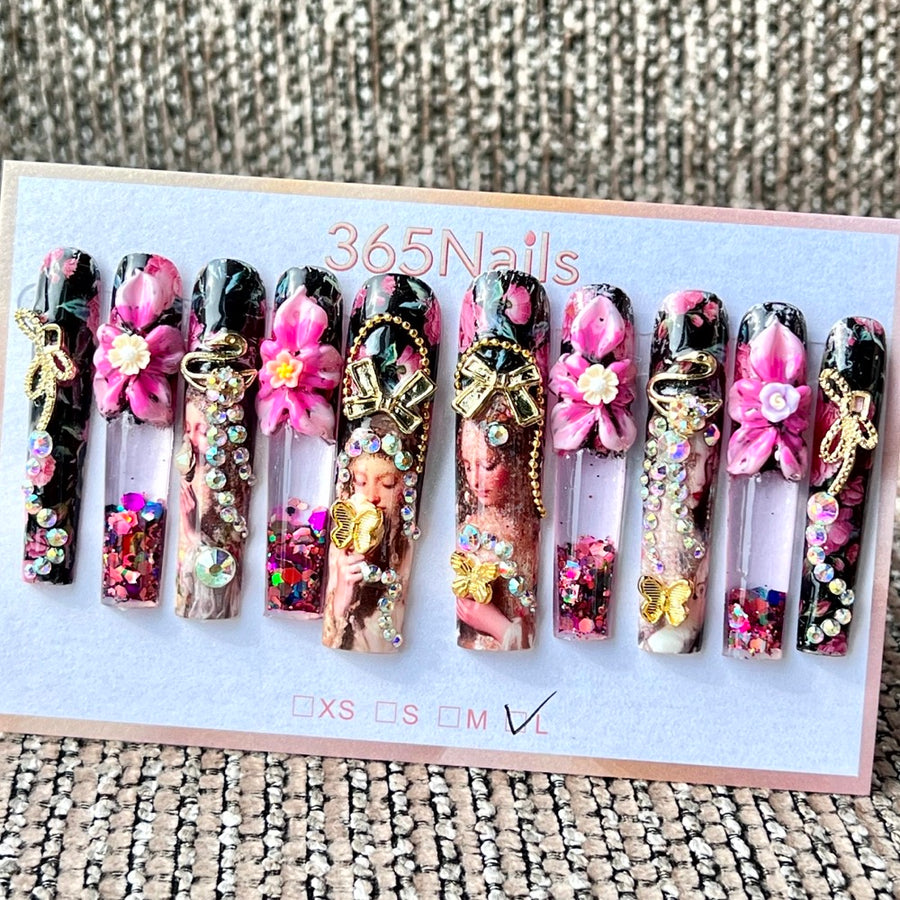 365nails: "Baroque Floral Goddess" – Handmade Liquid Motion Press-On Long Pipe Nails-5.5cm