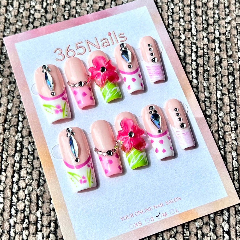 365nails: "Tropical Pink Orchid" – Handmade Medium Square Press-On Nails