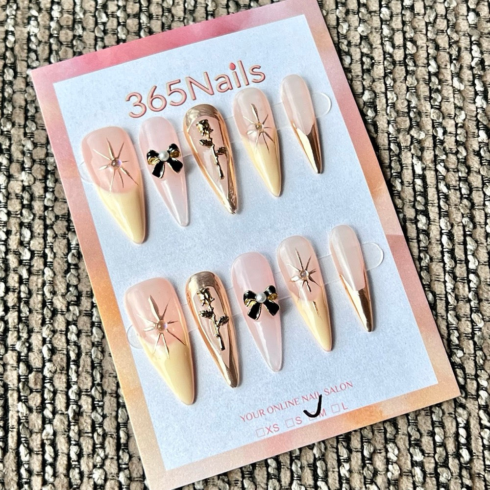 365nails: "Elegant Pink Gold Rose Bow Star Medium" – Handmade Medium Stiletto Press-On Nails