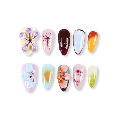 365Nails Jelly Mix Set with 3D Florals and Dew-Drop Gel Accents – Artistic Almond Press-On Nails