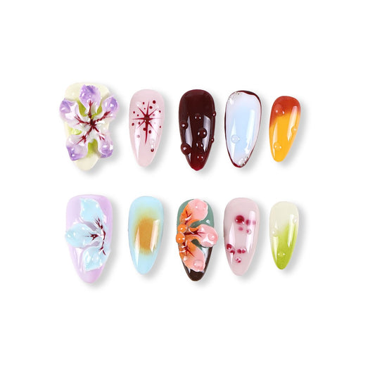 365Nails Jelly Mix Set with 3D Florals and Dew-Drop Gel Accents – Artistic Almond Press-On Nails