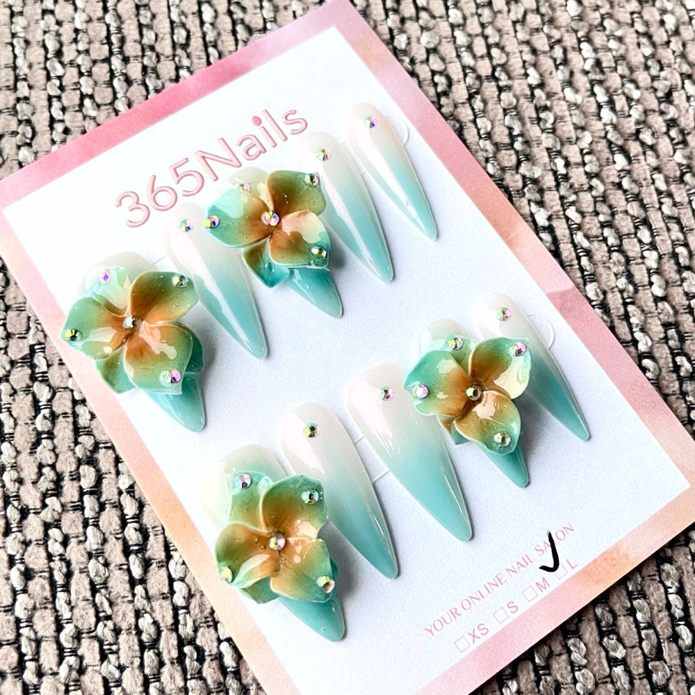 365nails: "Tropical Breeze" – 3D 꽃 장식 수제 스틸레토형 네일