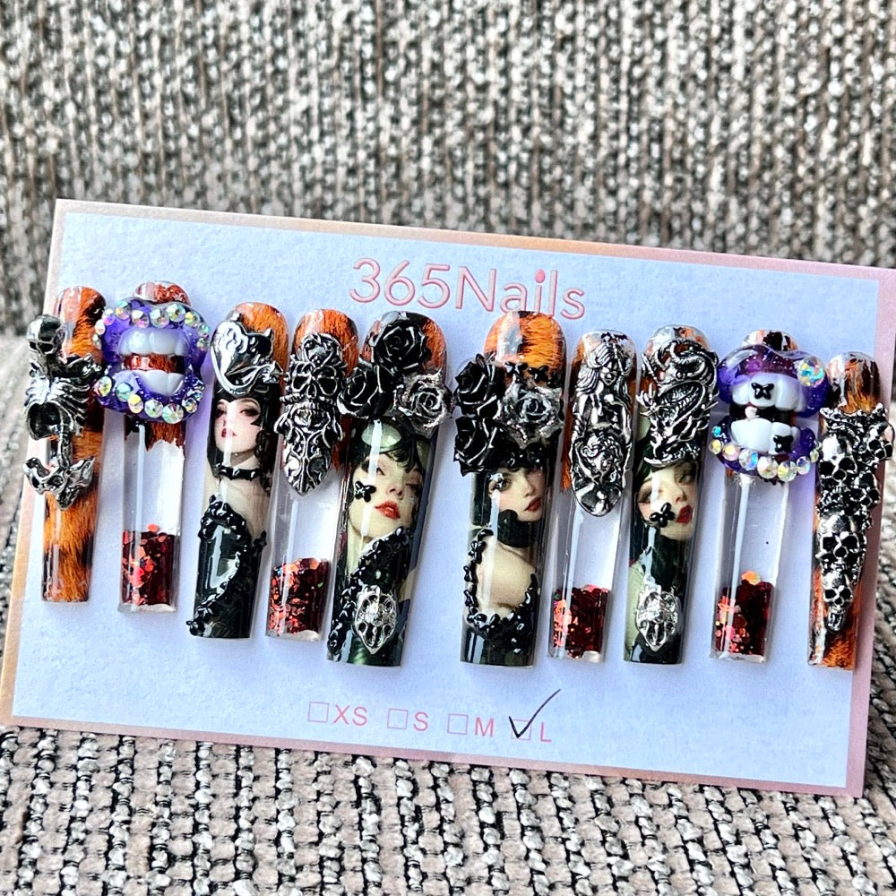 365nails: "Wild Gothic Vixen" – Handmade Liquid Motion Press-On Long Pipe Nails-5.5cm