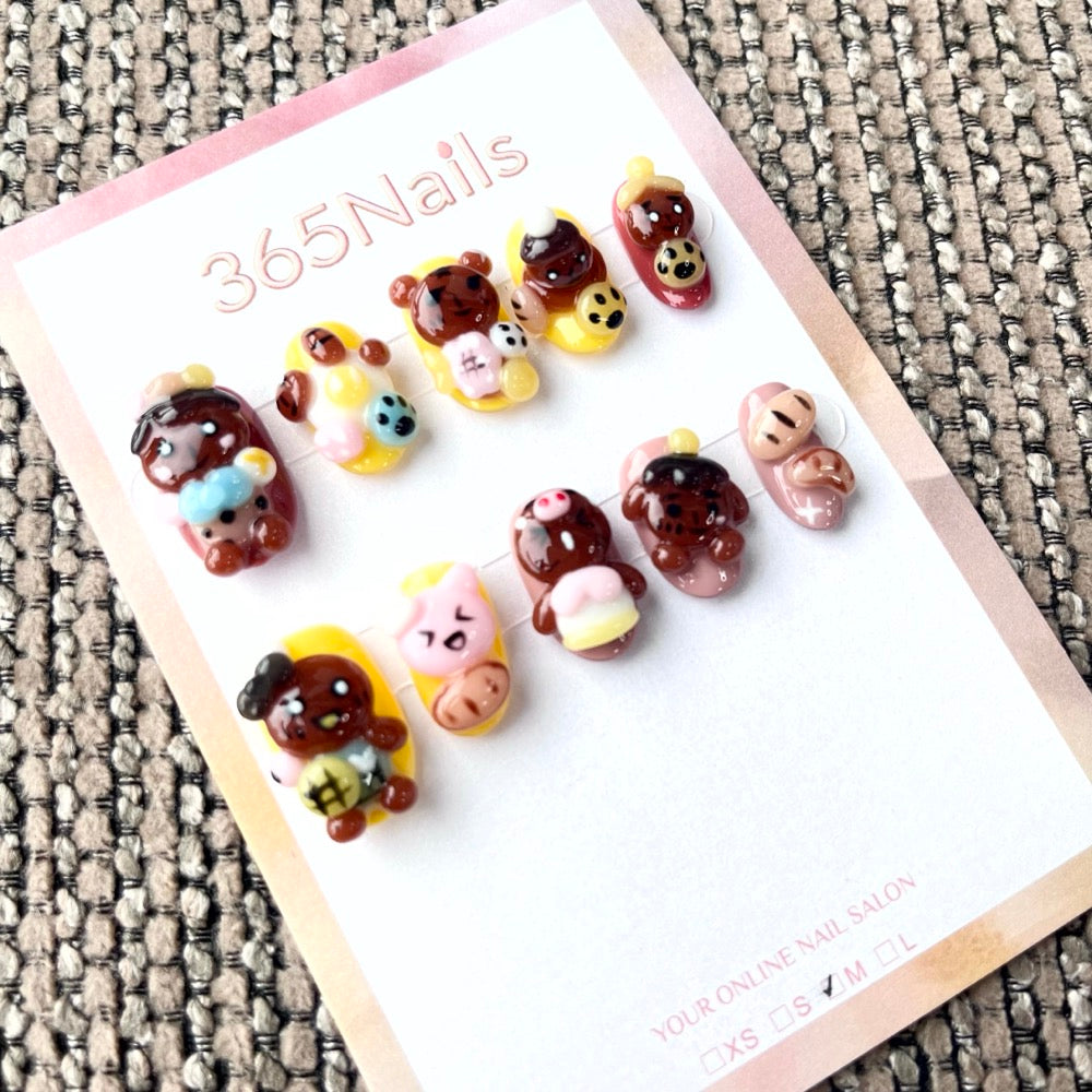 365nails: "Cocoa Pals" – 3D Cartoon Bear Short Square Nails
