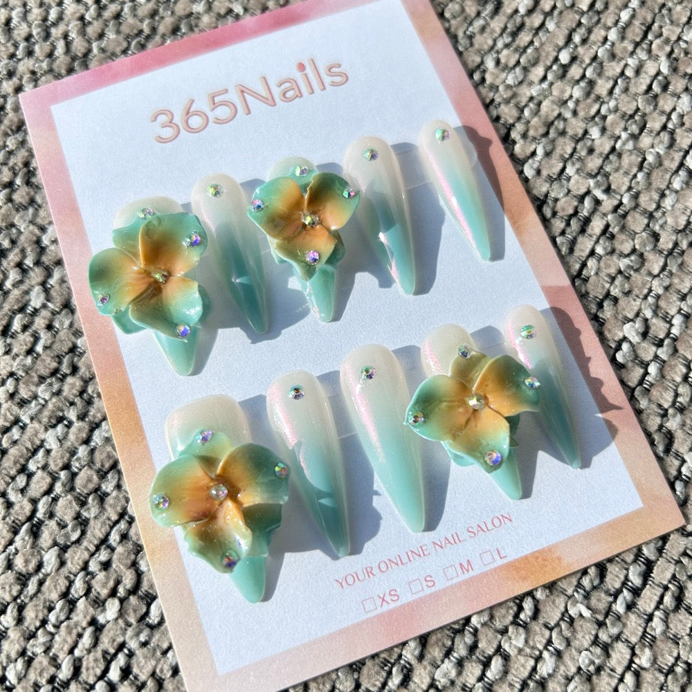 Sculpted Flora: "Vintage Mint Amber" – 3D Green & Brown Ombre Flower with Aurora Shimmer Stiletto Nails