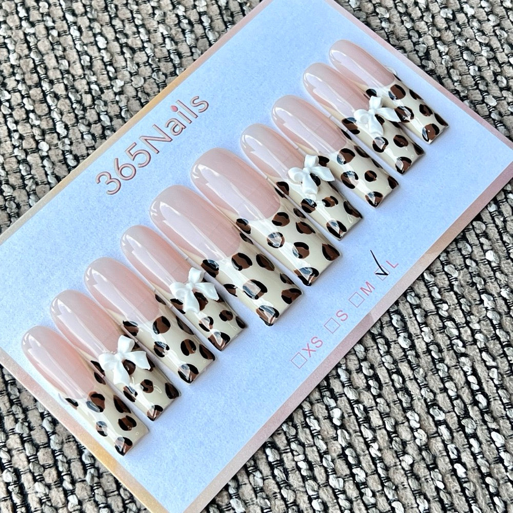 365nails: "Leopard Chic" – 3D Bow & Print Handmade Press on Nails Long Coffin Nails