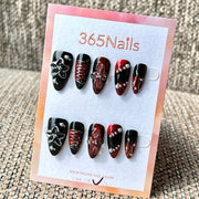 365nails: "Black Red Gothic Flower 3D" – Handmade Medium Stiletto Press-On Nails