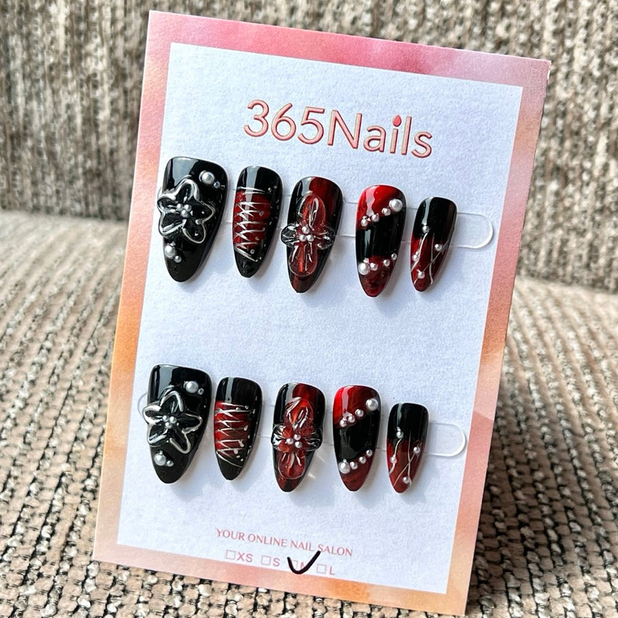 365nails 수제 미디엄 스틸레토형 프레스온 네일 - 블랙 레드 고딕 플라워 3D