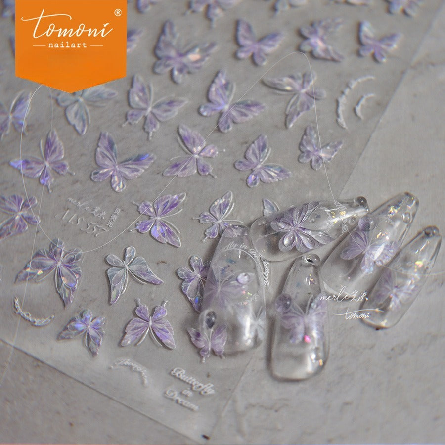 Holographic Butterfly Collection: "Iridescent Crystal Butterfly" – 3D Embossed Nail Sticker