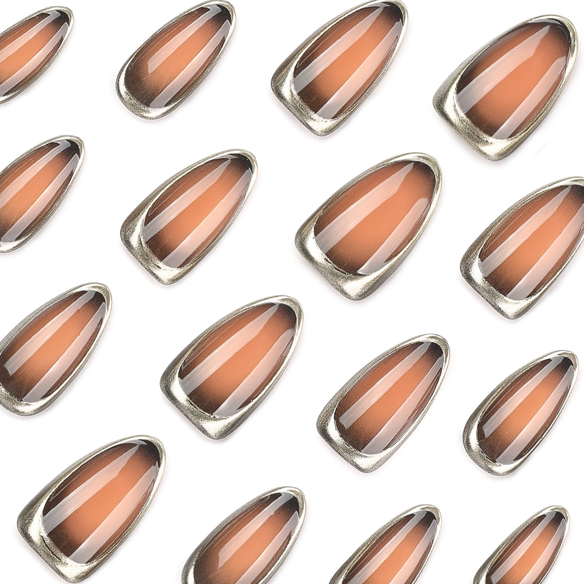 Close-up of multiple brown gradient almond nail tips with metallic edges.