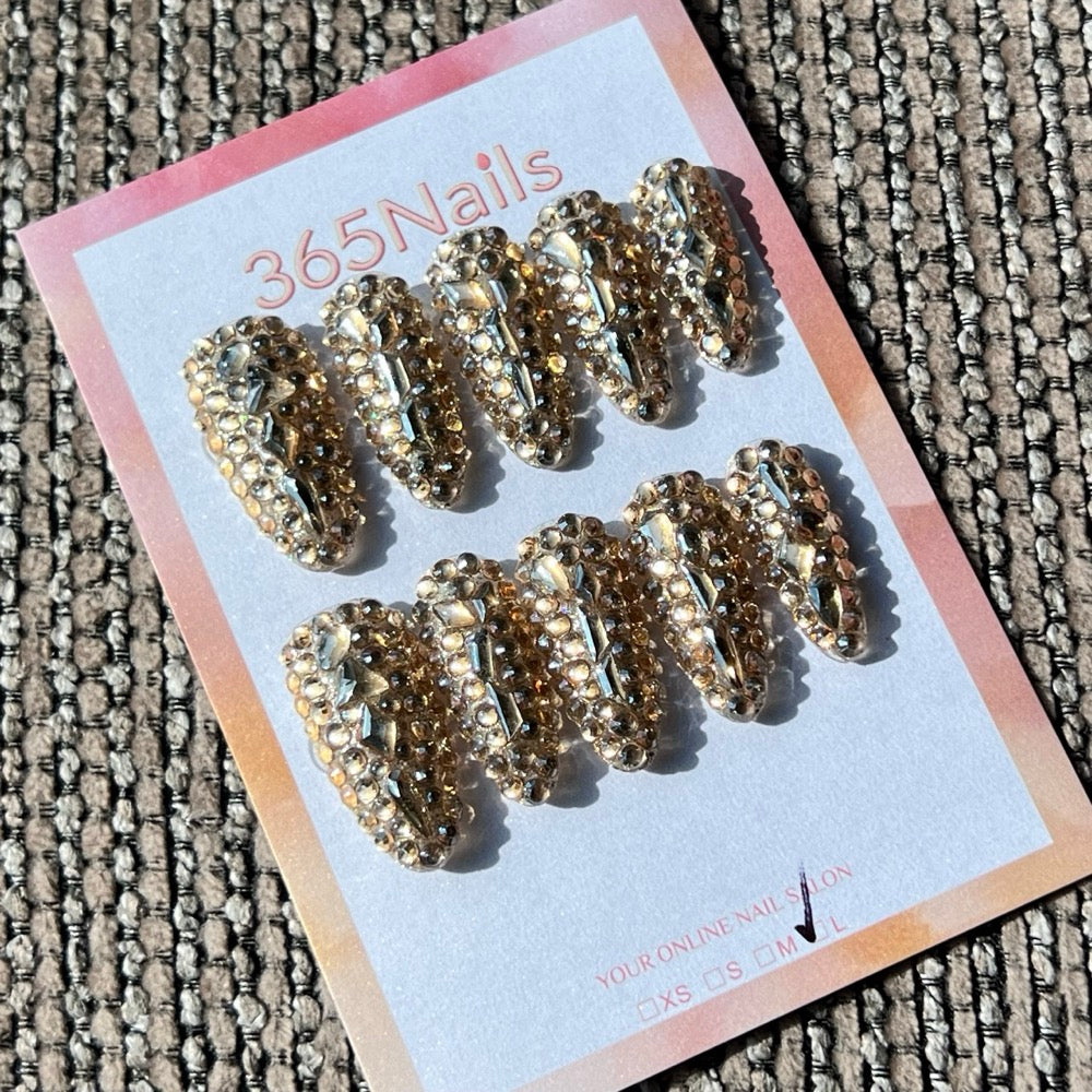 365nails: "Golden Opulence" – 3D Crystal & Rhinestone Handmade Almond Nails