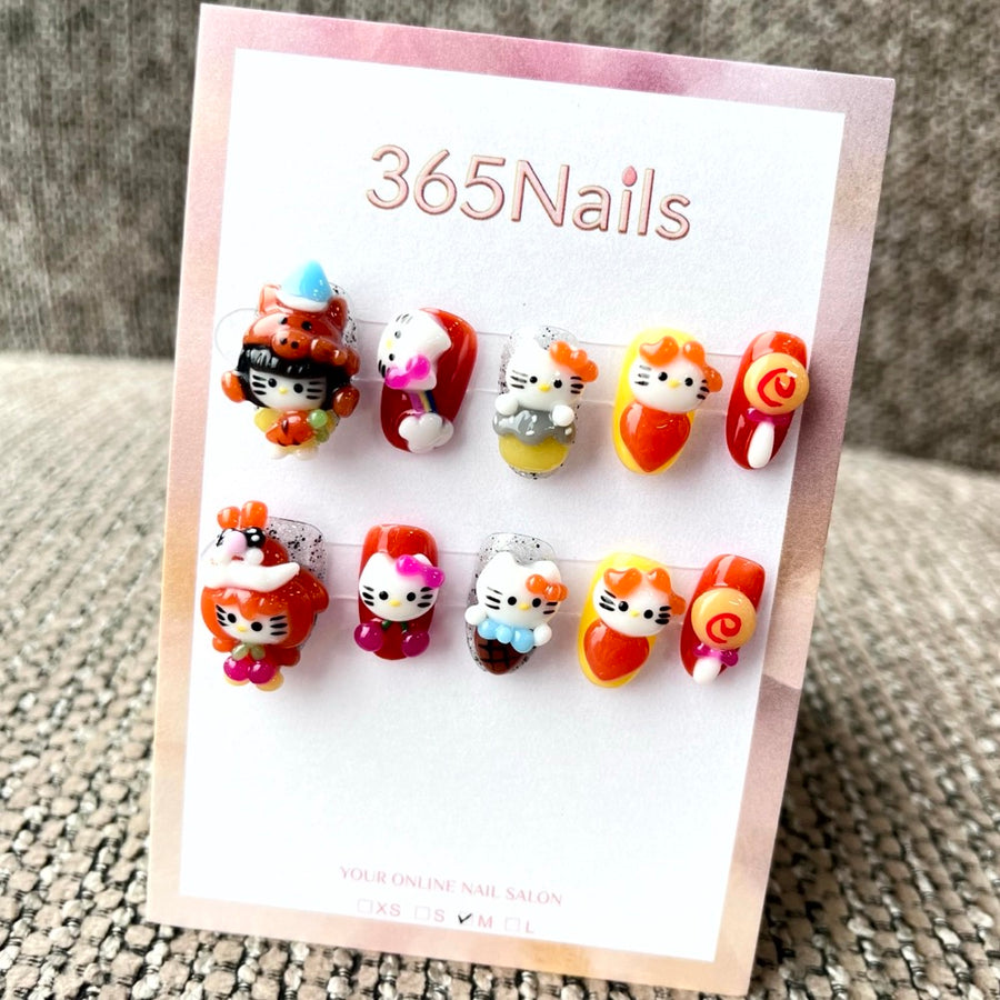 365nails: "Kitty's Autumn Picnic" – 3D Character & Fox Handmade Short Square Nails