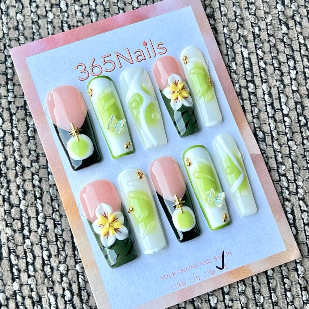 365nails: "Green White Flower Butterfly" – Handmade Medium Trapezoid Press-On Nails