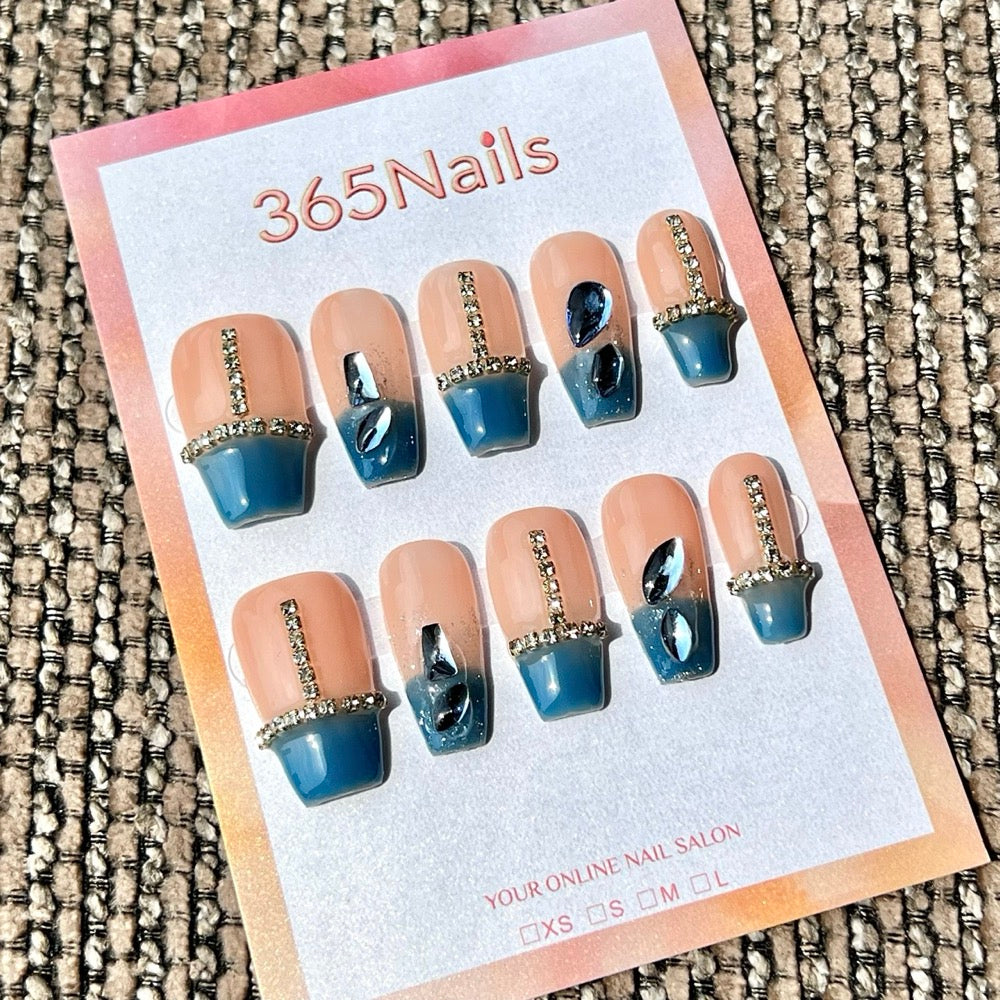 365nails: "Sapphire Crystal French" – Handmade Medium Coffin Press-On Nails