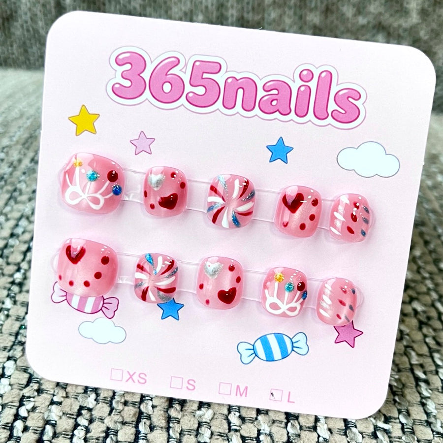 365nails: "달콤한 하트 캔디" – 3D 롤리팝 & 리본 수제 숏 스퀘어형 네일